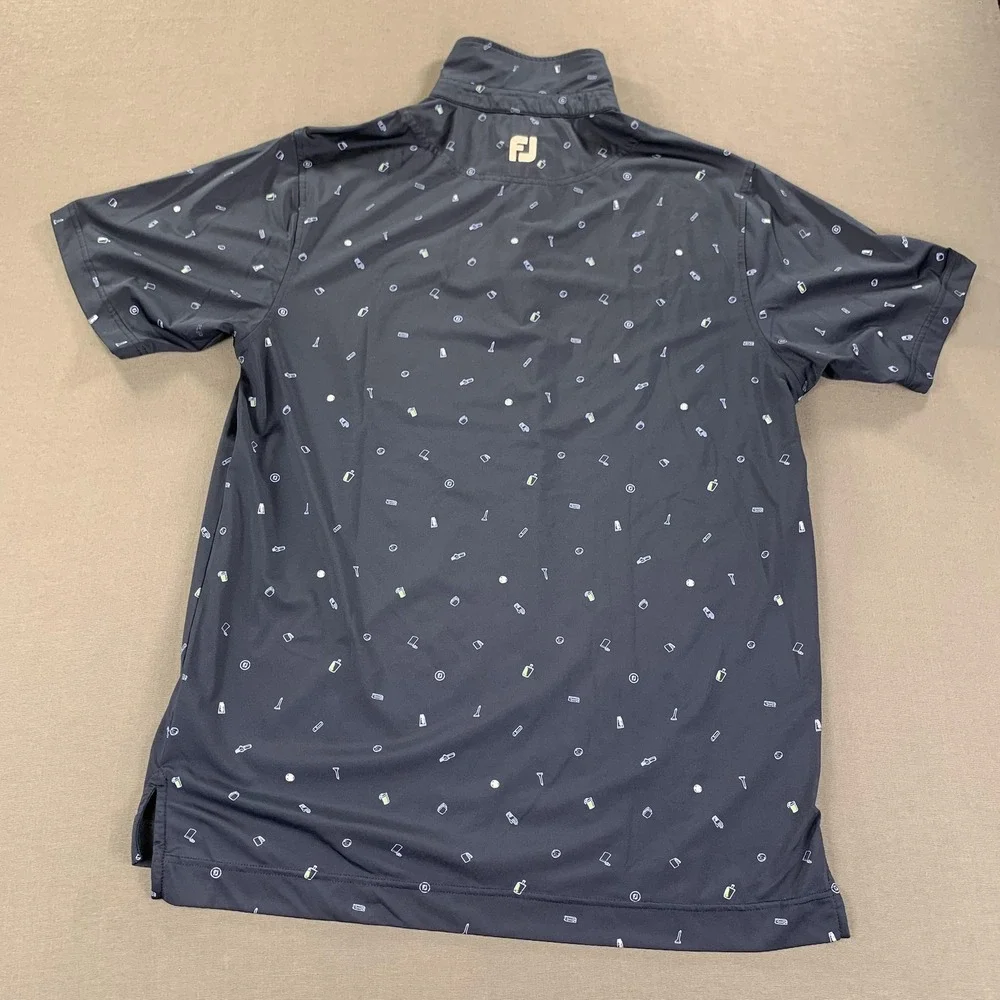 FootJoy Polo Shirt Mens Medium Blue Golf Icon AOP Allover Print Stretch CLC Logo